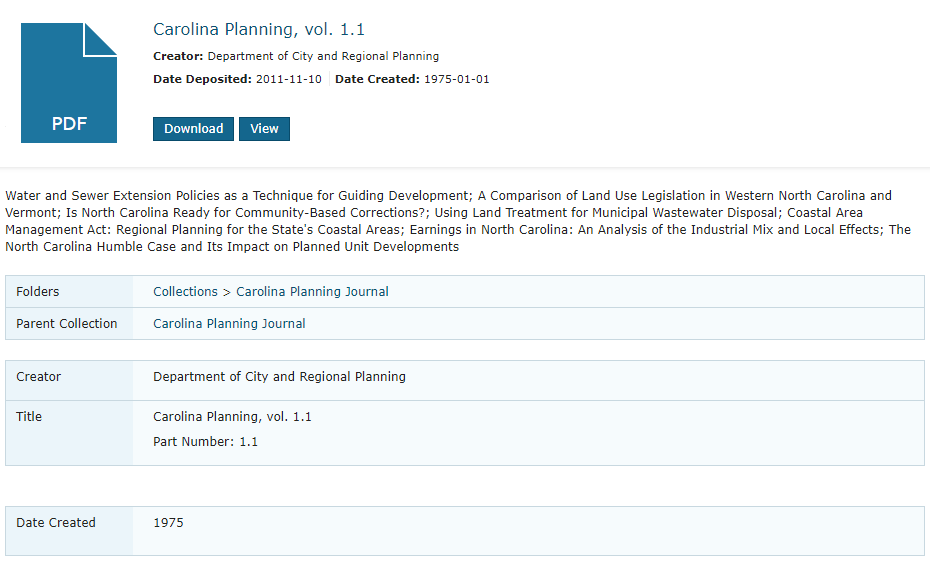 Issue record page for Carolina Planning Journal volume 1, which shows article titles grouped together in the issue description