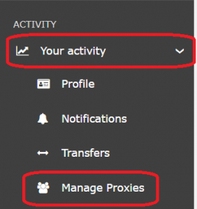 menu on the left side of the dashboard. "Your Activity" and "Manage Proxies" are highlighted.