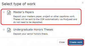 Select type of work box with "Masters Papers" option and "Create work" button highlighted.