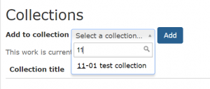The "collections" section on the relationships tab. The search box displays "11" and the results show "11-01 test collection"
