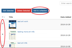 Three works on the works page have been selected and are circled in red. The "Add to Collection" button is also circled in red.