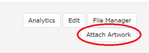 buttons on the work display page: analytics, edit, file manager and attach artwork. attach artwork is circled in red
