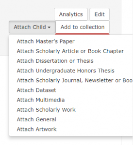 "attach child" button on the work page. this displays a drop down menu that lists masters papers, articles, honors theses, journals, dataset, multimedia, scholarly work and artwork as choices