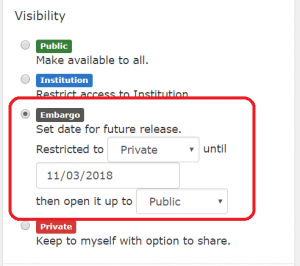 visibility menu with embargo option circled in red