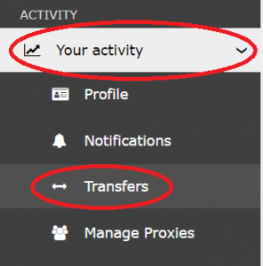Activity menu with "Your Activity" and "transfers" circled in red