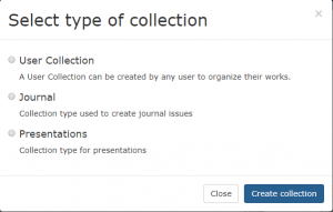 "select type of collection" menu with options "user collection", "journal" and "presentations"