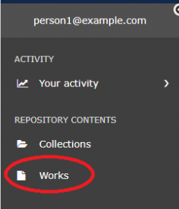 The "repository contents" section of the dashboard, with collections and works as options. Works is circled in red