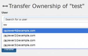 Search box on the transfer ownership of work. the search box contains a drop-down menu which displays users to whom the work can be transferred.
