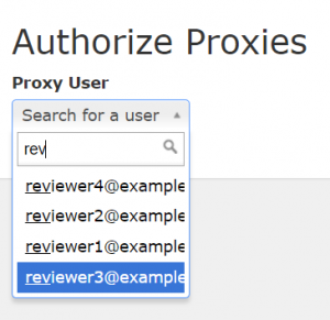 search box to add proxy user. four test accounts are displayed.