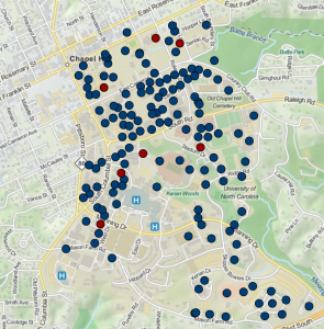 Buildings on the main UNC campus by the gender of their namesakes (blue dots marked buildings named for men, red for women).