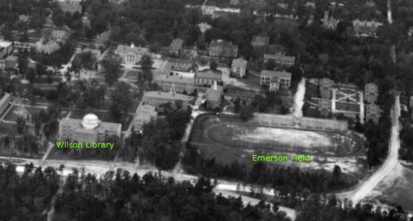 Aerial photo of the UNC campus, ca. 1950s. North Carolina Collection.