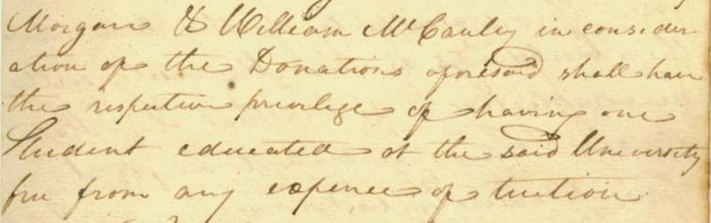 Detail from the 1792 Board of Trustees minutes describing benefits to people who donated land.