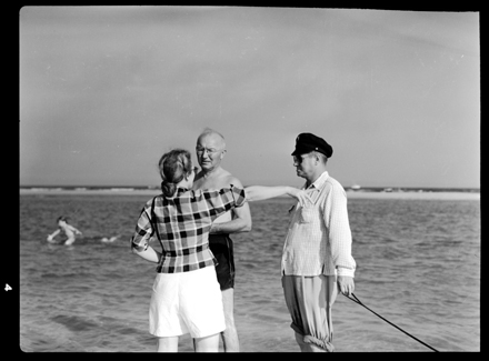 Mrs. Sally Sharpe, Carl Goerch, and Bill Sharpe on the beach in Wilmington, 1950