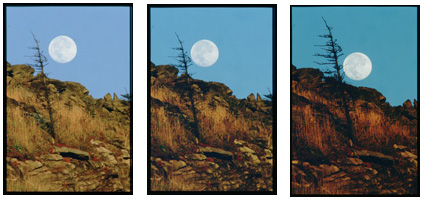 Three exposures of full moon over rocky mountain face, circa 1980s-1990s