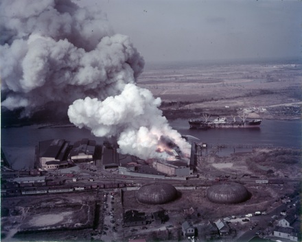 Air view of fire at the Wilmington Shipping Co. on the Cape Fear River, 3/9/1953