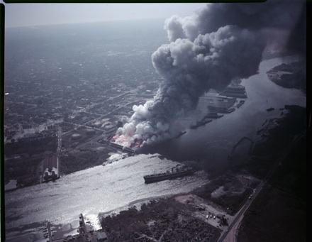 Air view of fire at the Wilmington Shipping Co., 3/9/1953