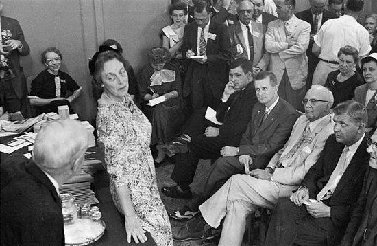 Terry Sanford and others listening to Elizabeth "Buffie" Ives, Adlai Stevenson's sister, at the 1956 Democratic National Convention