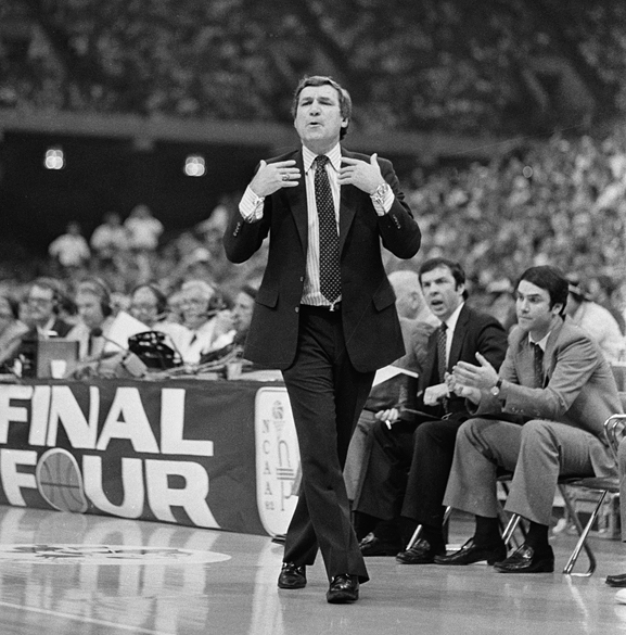 University of North Carolina men's basketball head coach Dean Smith on sidelines during Final Four, March 1982