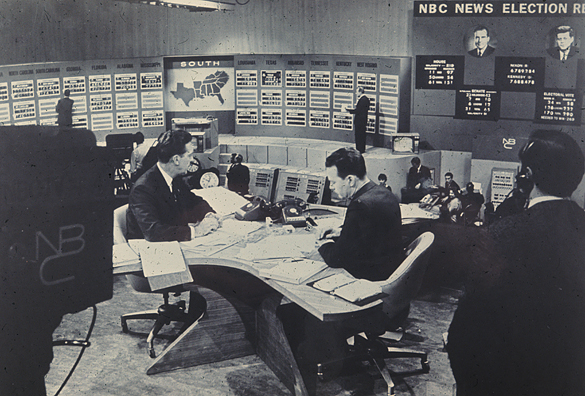 David Brinkley and Chet Huntley on NBC newsroom set during Nixon/Kennedy election coverage