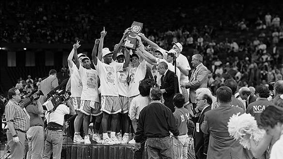 Victorious UNC men's basketball team after the 1993 NCAA championship game. Hugh Morton photograph, cropped by the author.