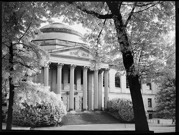 Wilson Library, now the home of the Hugh Morton collection, when it was known as the University Library. The Alumni Review cropped off the right side of this photograph to create a vertical for the cover of its April 1947 issue.