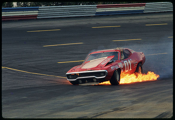 Car #01, driven by Earle Canavan, on fire during race at The National 500 at Charlotte Motor Speedway, October 10, 1971.