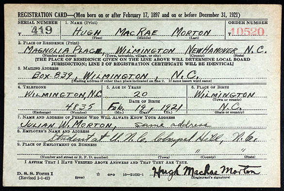 Hugh MacRae Morton Draft registration card
