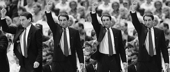Composite of three Hugh Morton photographs of Duke Head Basketball Coach Mike Krzyzewski in recognition of his 1,000 career victory.