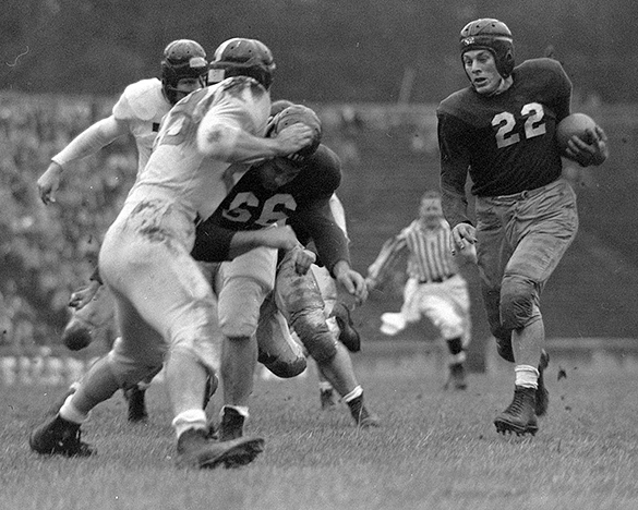 UNC tailback Charlie Justice (#22 with ball) and UNC blocking back Danny Logue (#66) during the 1949 Blue-White intrasquad game played at Kenan Stadium. Until researching this blog post, the online Morton collection of Morton images had this image incorrectly dated as 1946—Justice's freshman year when he played on the White team.