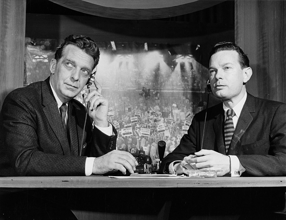 Chet Huntley and David Brinkley. This unattributed photographic print in the Hugh Morton collection is likely a publicity photograph distributed by NBC. A similar photograph on the NBCUniversal website (submitted by Anonymous) dates the photograph as 1956. See http://www.nbcuniversal.com/content/chet-huntley-and-david-brinkley-gain-national-acclaim-their-election-coverage-and-their)