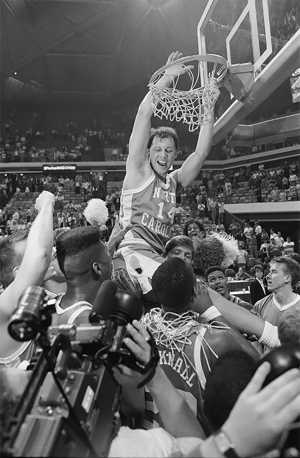 Jeff Lebo cutting down net after UNC win over Duke at 1989 ACC tournament, Omni Coliseum, Atlanta, Georgia.