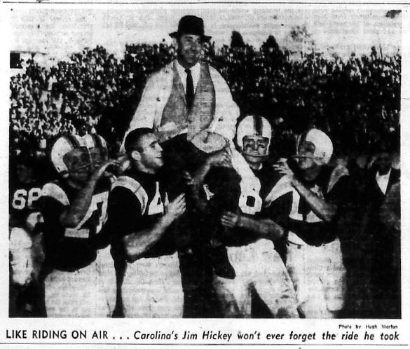 Hugh Morton's post-game photograph as it appeared in the Charlotte News on November 17, 1959. The original negative has not been located in the Morton collection.