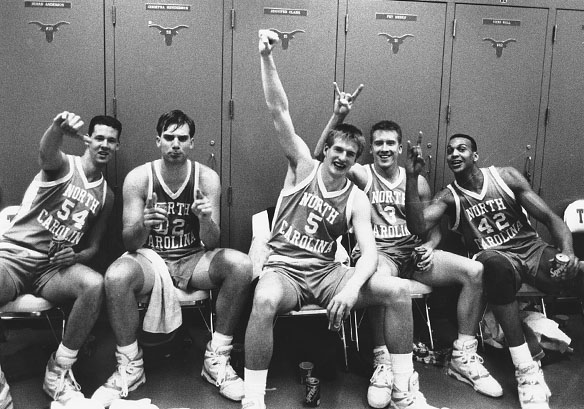UNC players celebrate their 79 to 77 win over Oklahoma in 1990 NCAA Tournament.