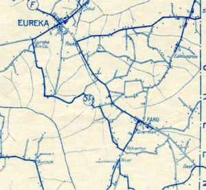 Detail of Rural Delivery Routes map of Wayne County, 1920. Shows Eureka