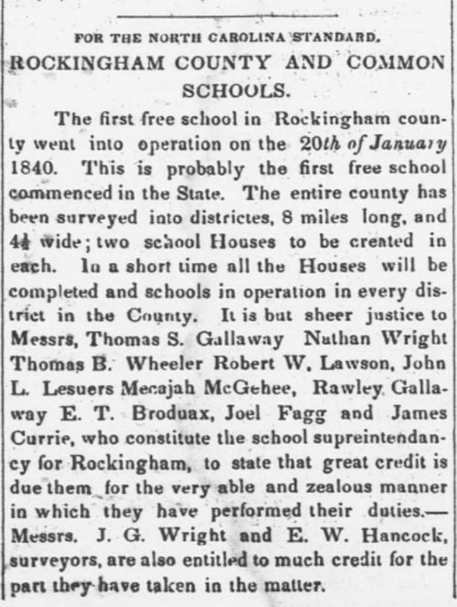 The first free school in North Carolina opens in Rockingham County on January 20, 1840.