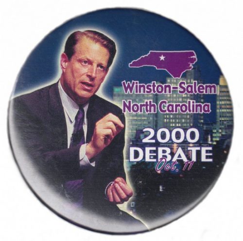 Pinback featuring photo of Al Gore for 2000 Presidential Debate in Winston-Salem