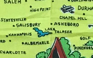 Silk scarf detail showing Lake Talasee. There appears to be no such lake in N.C.