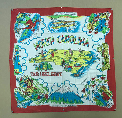 Silk scarf with map of North Carolina containing errors