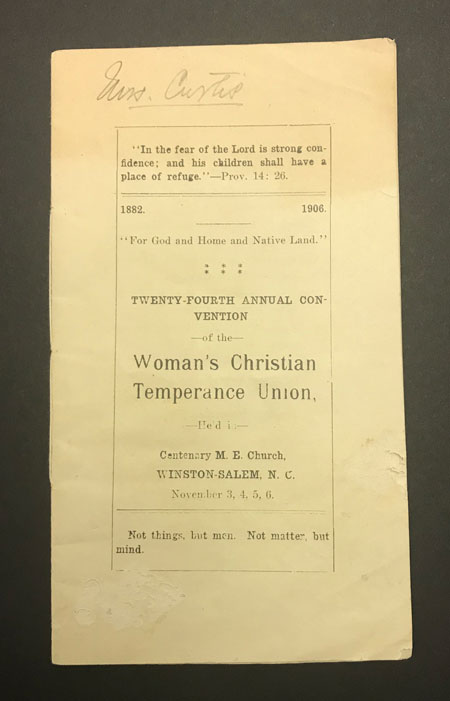 Booklet from Woman's Christian Temperance Union meeting in Winston-Salem in November 1906