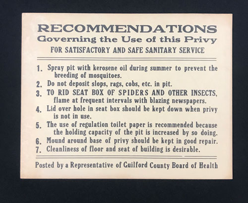 A list of seven recommendations from the Guilford County Board of Health for use of a privy