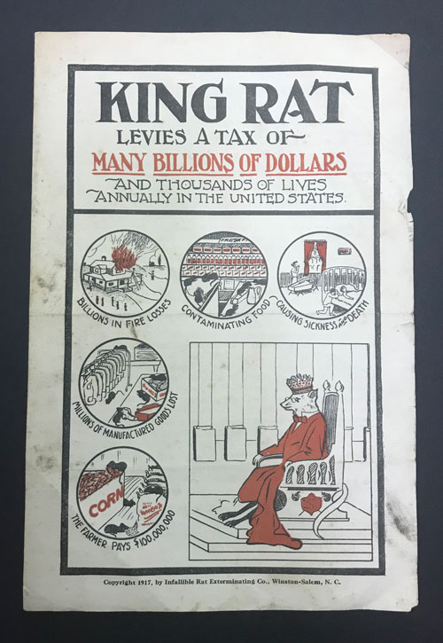 Flier from Infallible Rat Exterminating Company featuring illustrations, including one of King Rat sitting on a throne,.