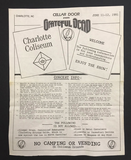 Front of flier promoting Grateful Dead concert at Charlotte Coliseum