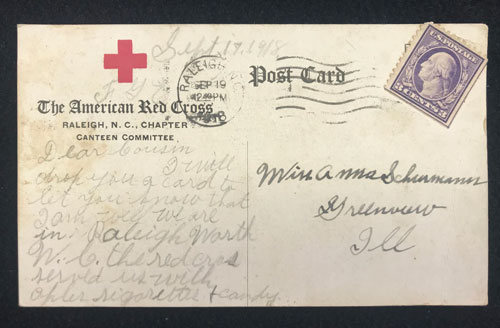 Verso of Red Cross postcard. Message written in pencil.