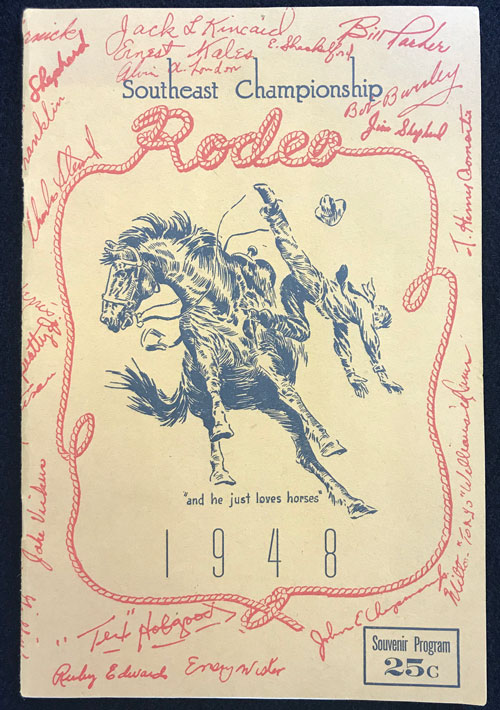Cover of 1948 Southeast Championship Rodeo program. Features rider falling off horse.