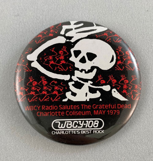 Pinback featuring the upper body and skull of a skeleton and WBCY 108.