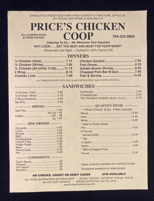 Menu listing offerings at Price's Chicken Coop