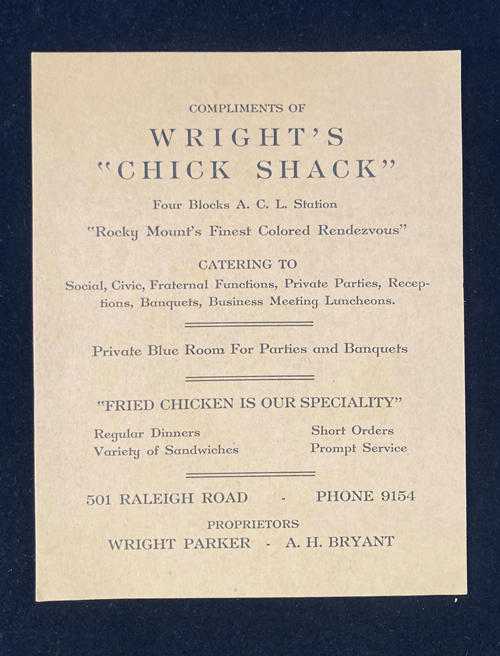 Card for Wright's Chick Shack listing address.