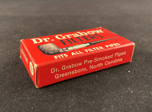 Red box with image of pipe and the words Dr. Grabow Filters