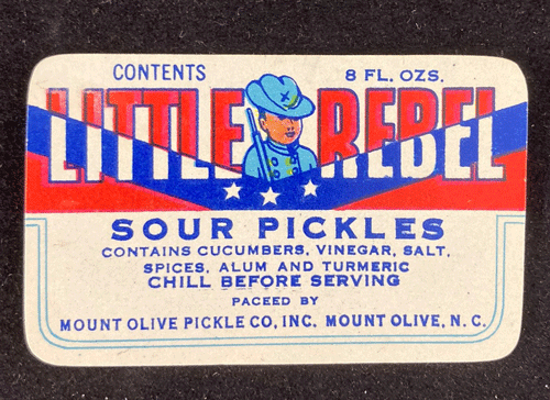 Rectangle label with the words Little Rebel and an image of a soldier in a blue uniform.