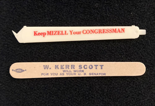 Two emery boards. One has sentence "Keep Mizell Your Congressman." The other has wording that reads "W. Kerr Scott will work for you as your U.S. Senator" and includes a small icon for a union.